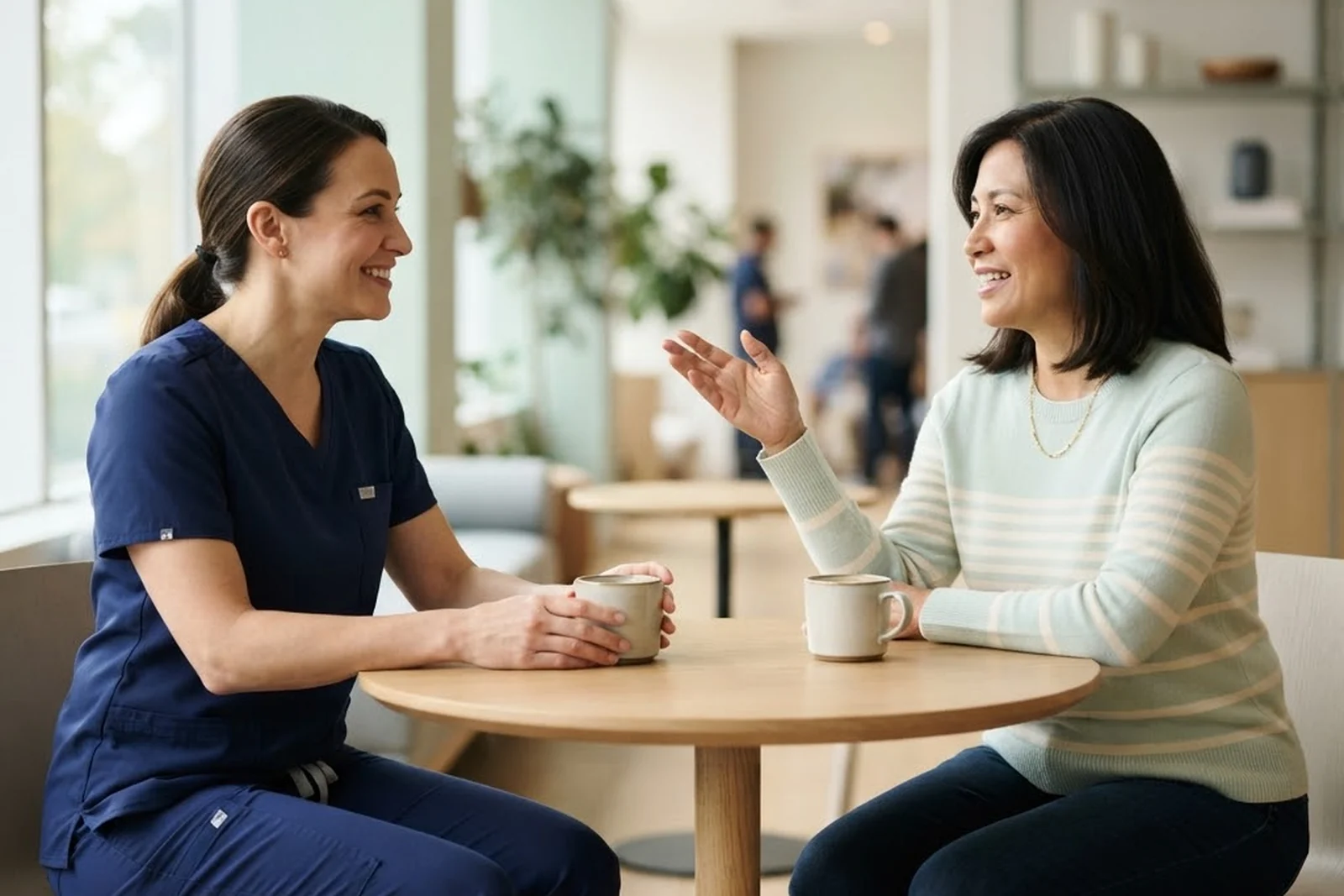 A nurse and a client talking over coffee