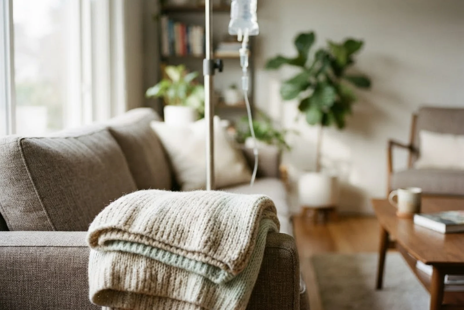 A folded blanket on a sofa beside an IV stand