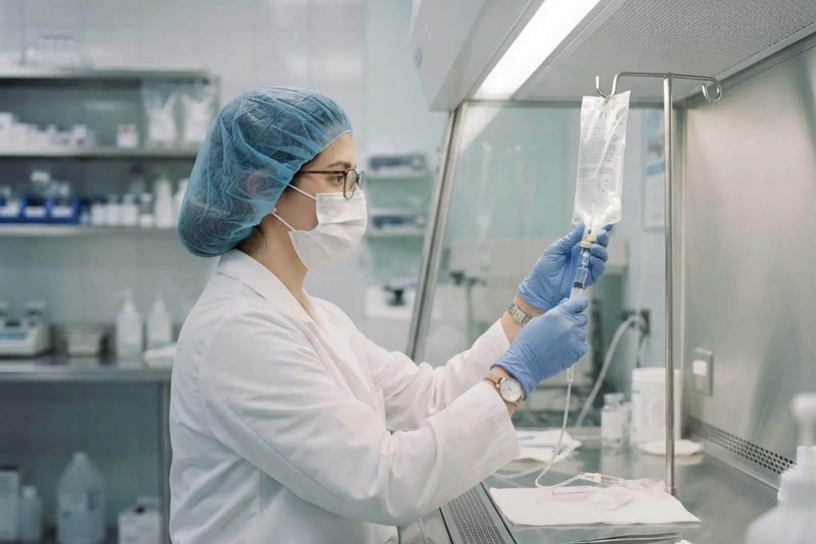 A pharmacist preparing an IV bag at a sterile hood