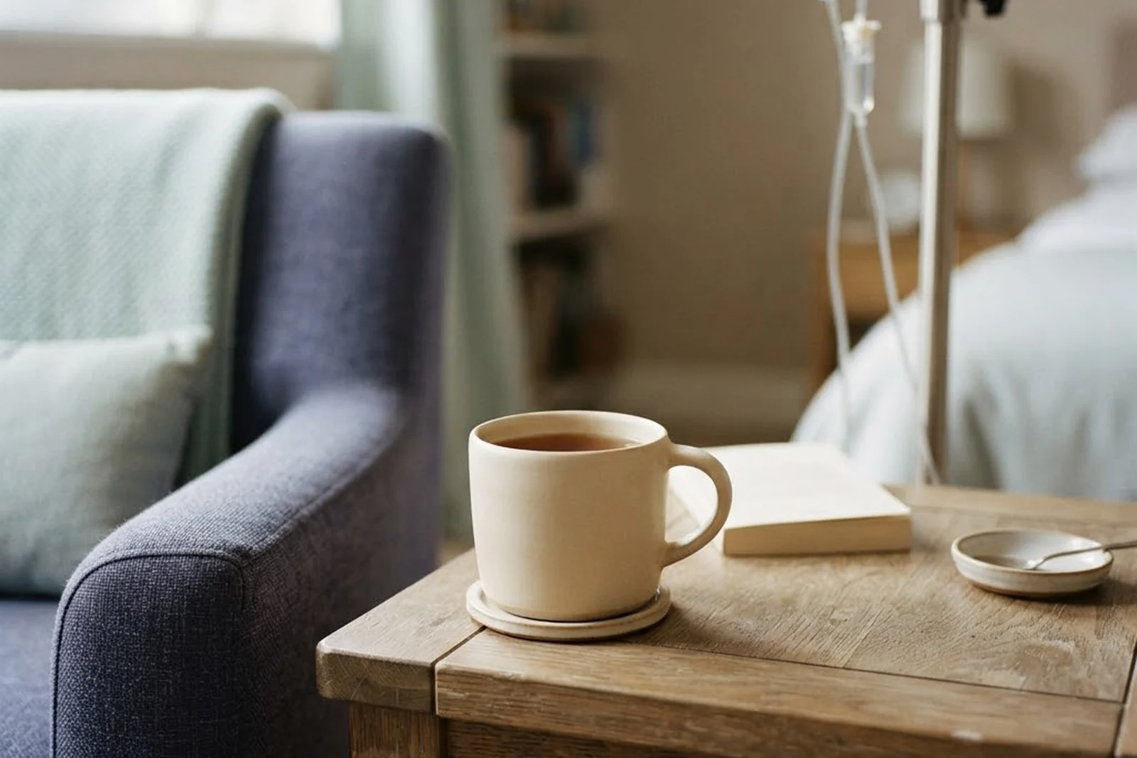 A mug of tea on a side table beside an IV stand