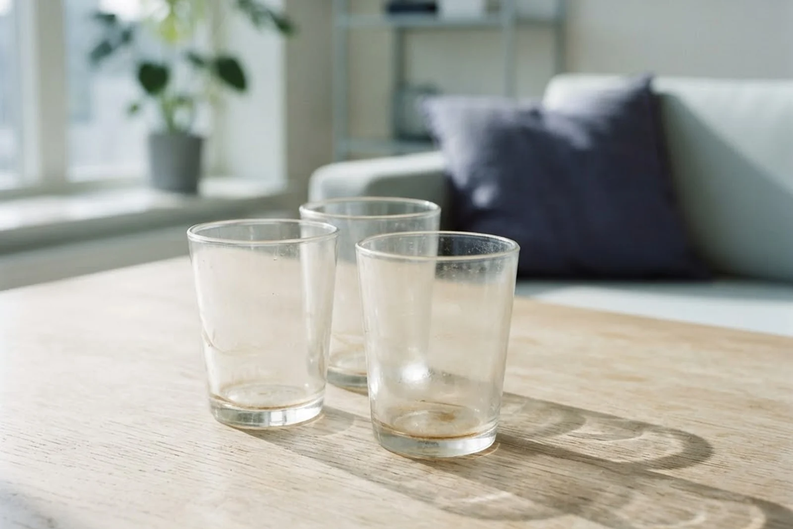 Three empty water glasses on a wooden table