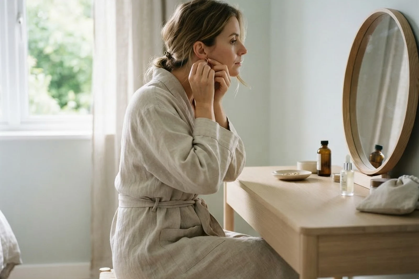 Someone fastening an earring at a dressing table