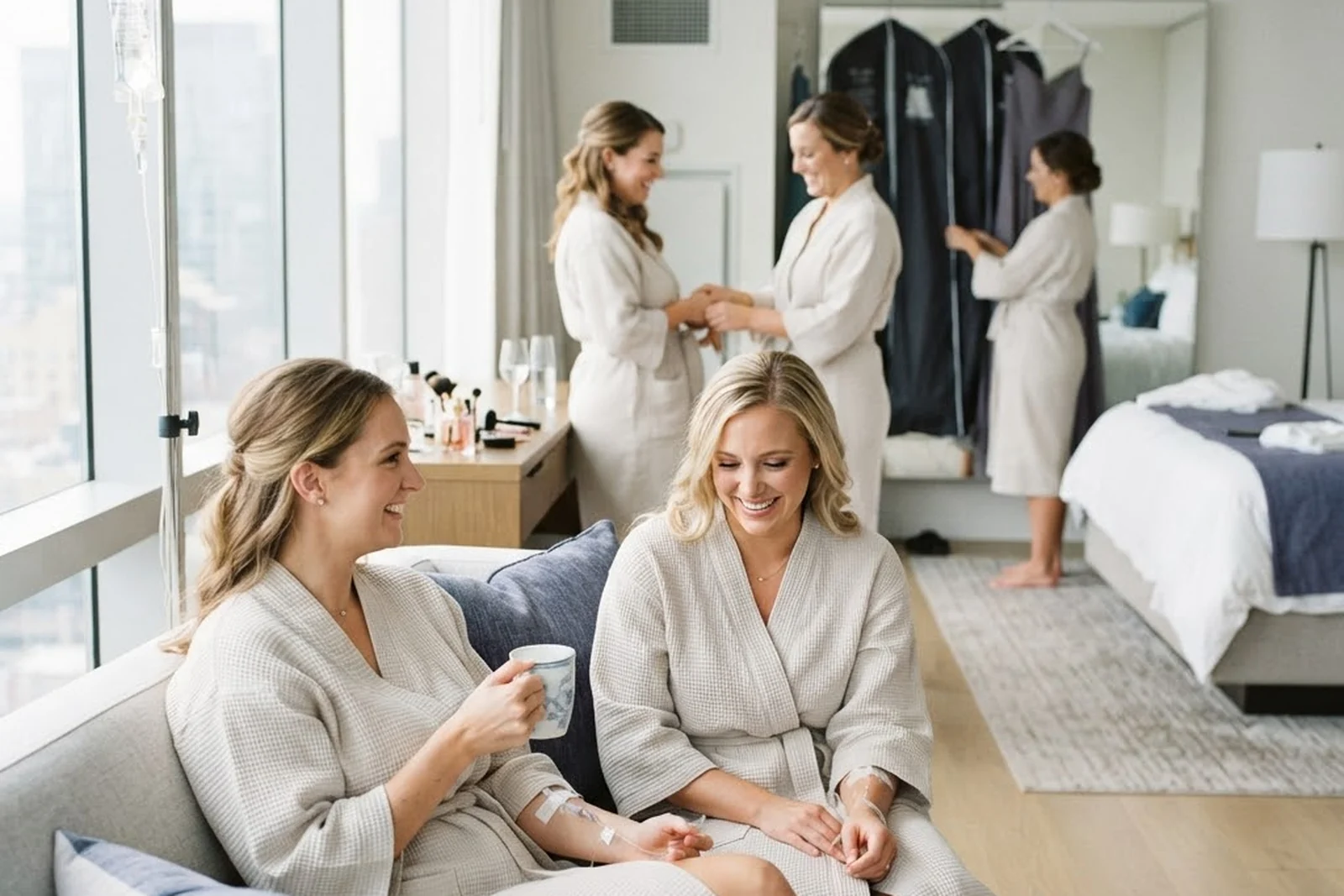 A wedding party getting ready in a hotel suite