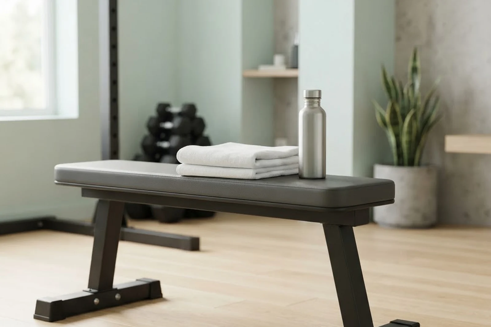 A folded towel and water bottle on a weight bench