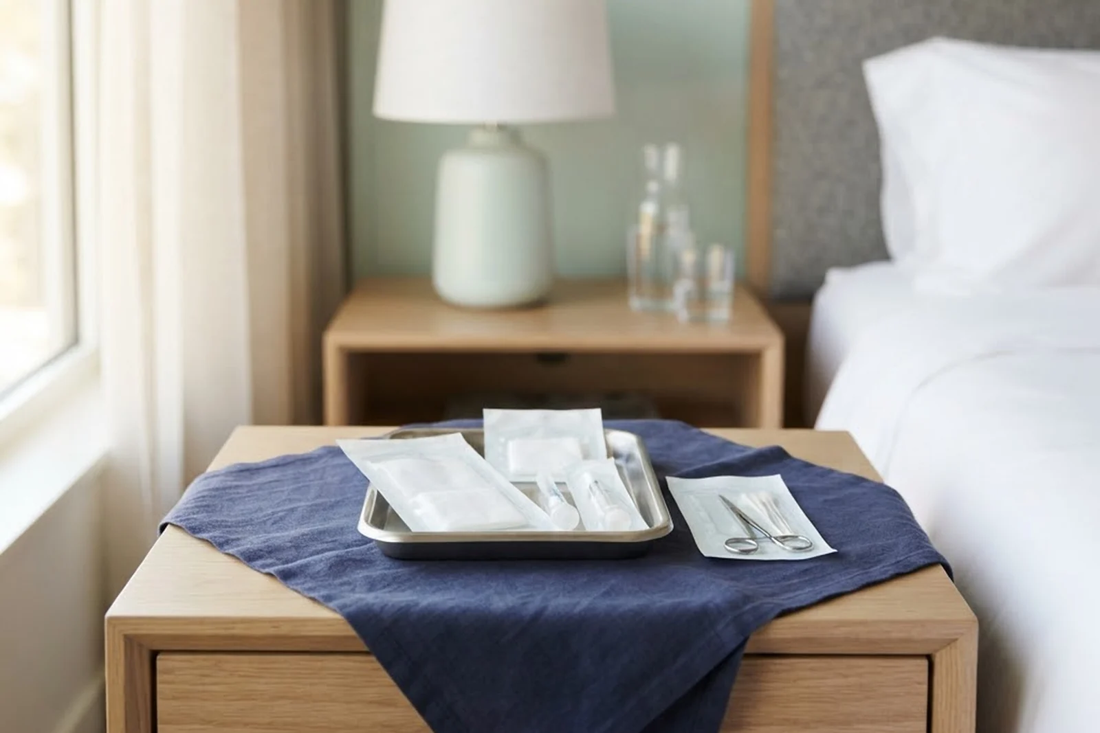 Sterile supplies laid out on a hotel bedside table