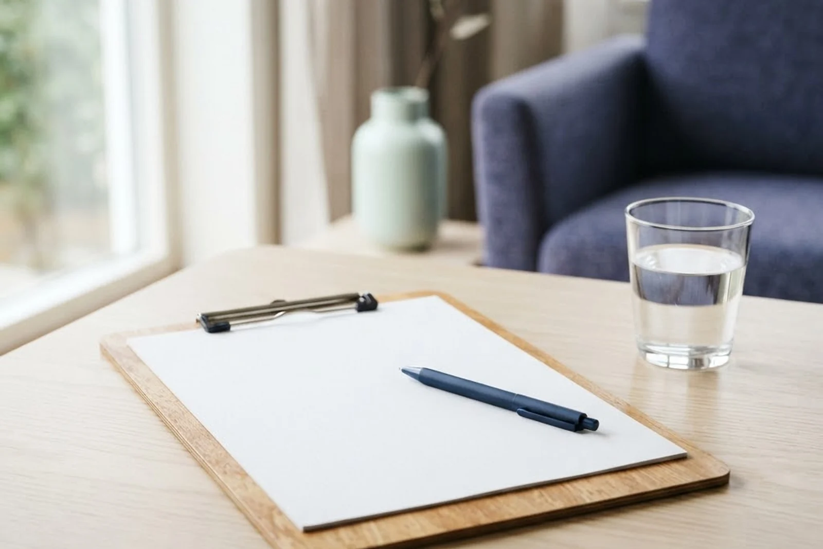 A clipboard with a blank intake sheet and a pen