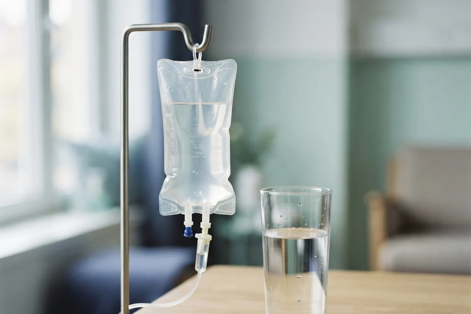An IV bag beside a glass of water on a table