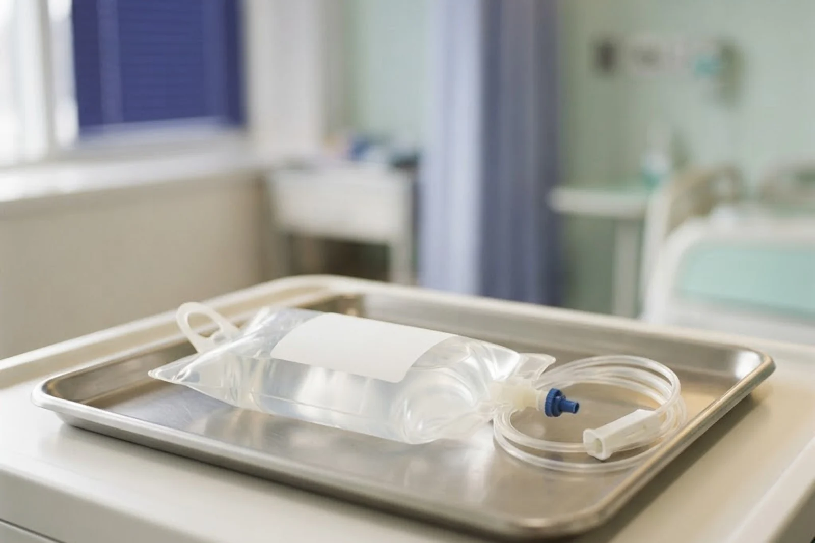 An IV bag with a blank label on a steel tray