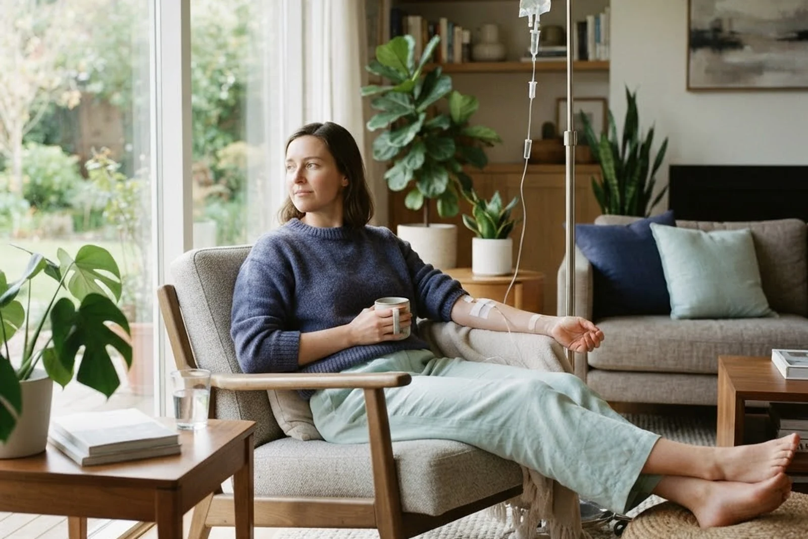 An IV drip underway in a bright living room
