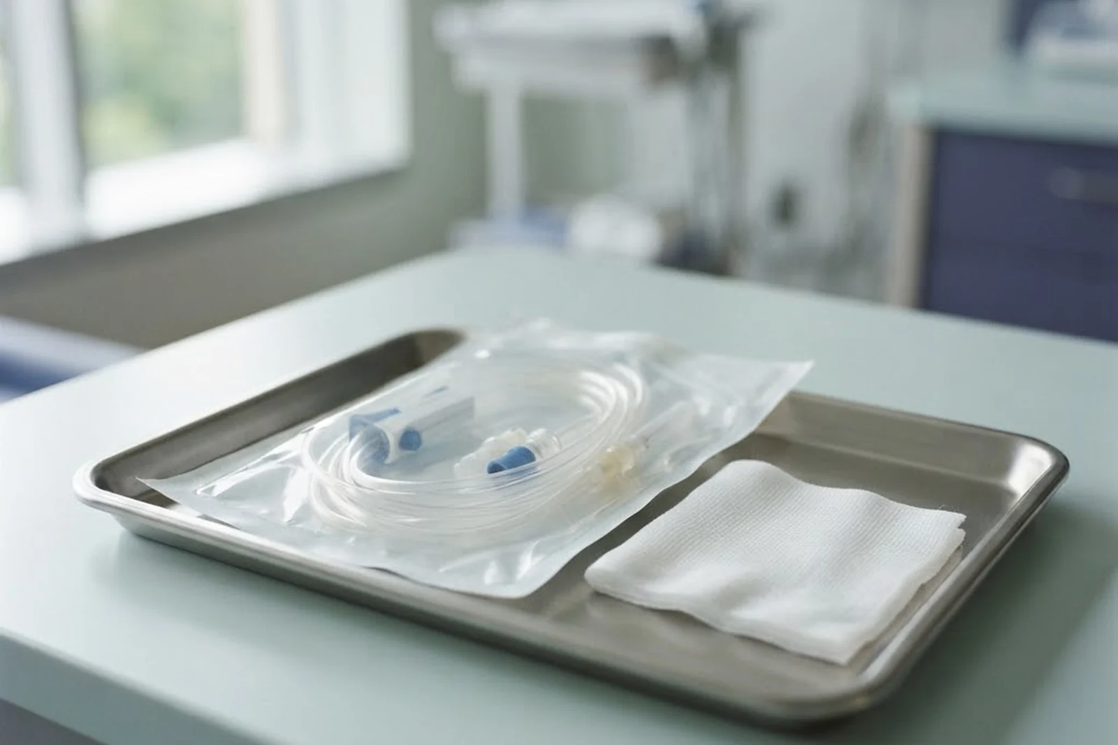 Sealed sterile IV tubing on a steel tray