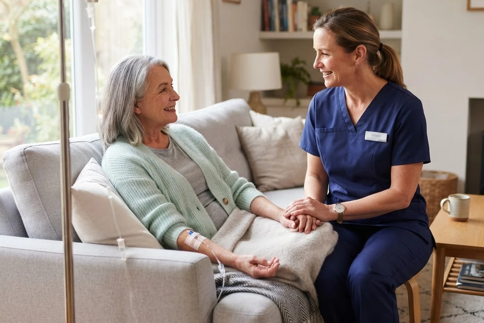 A nurse sitting beside a client during a drip