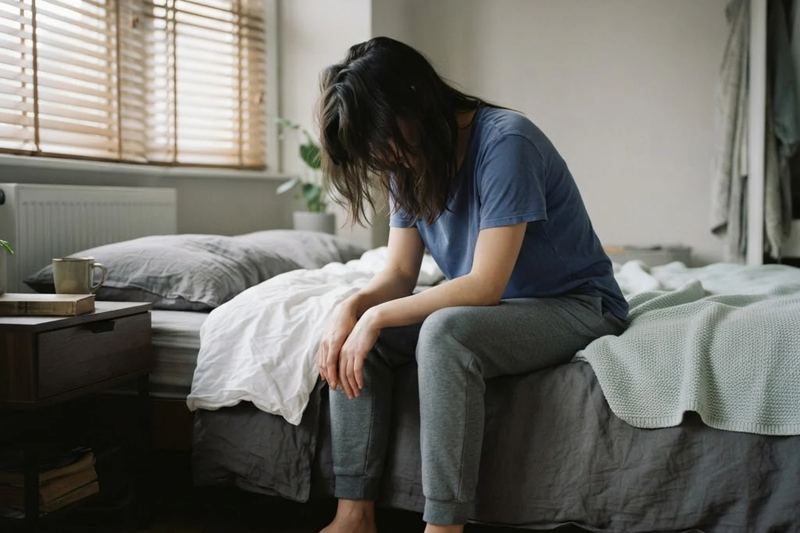 Someone sitting on the edge of an unmade bed